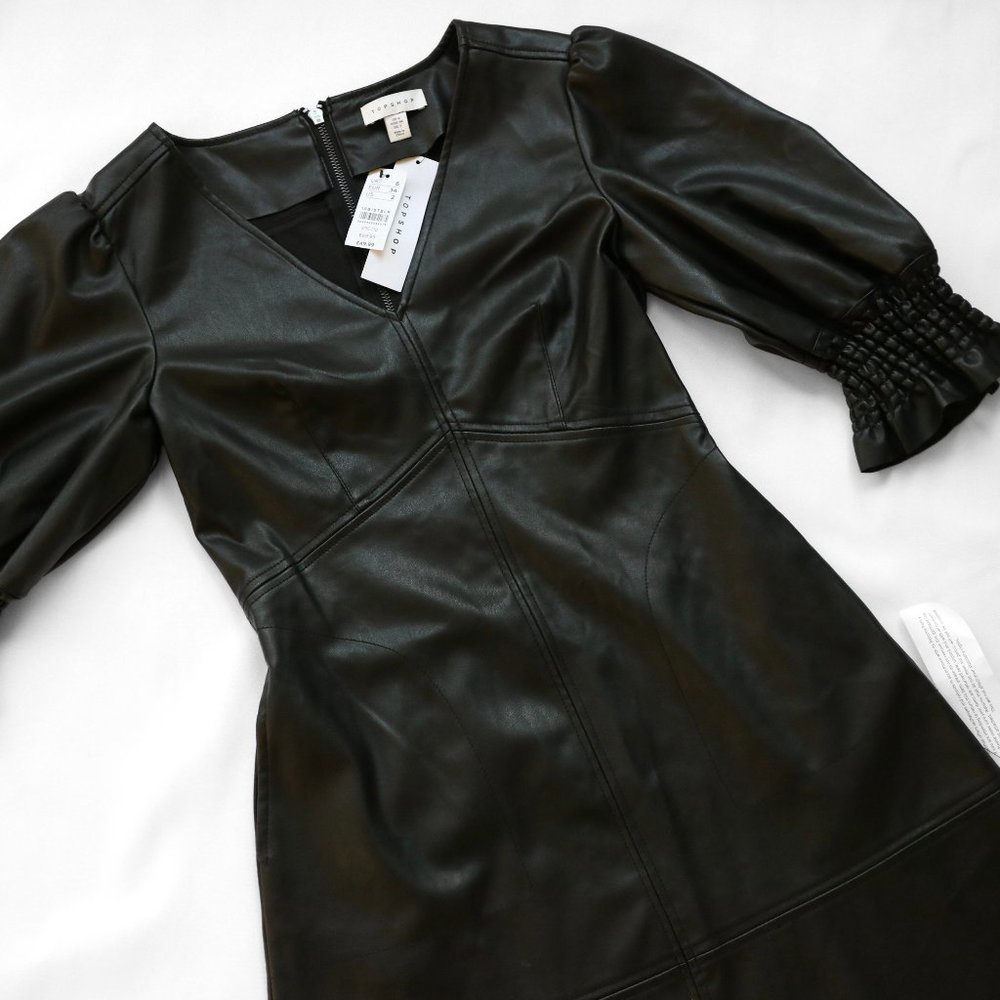 Topshop Faux Leather V-Neck Mini Dress - Black